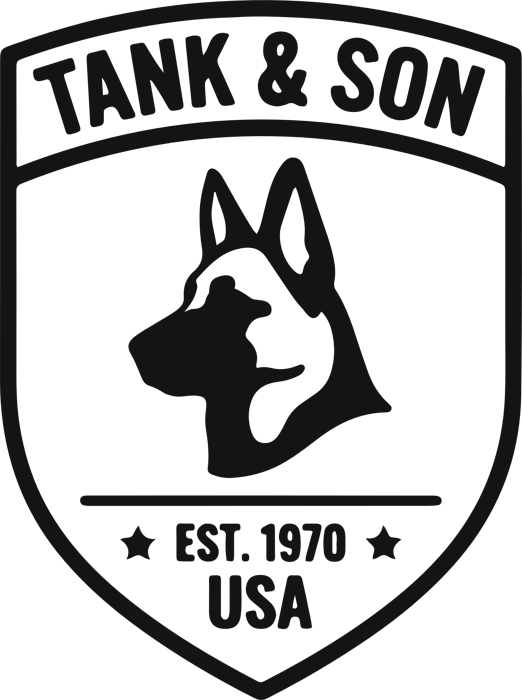 Tank & Son logo: Belgian Malinois shield, Est. 1970, USA